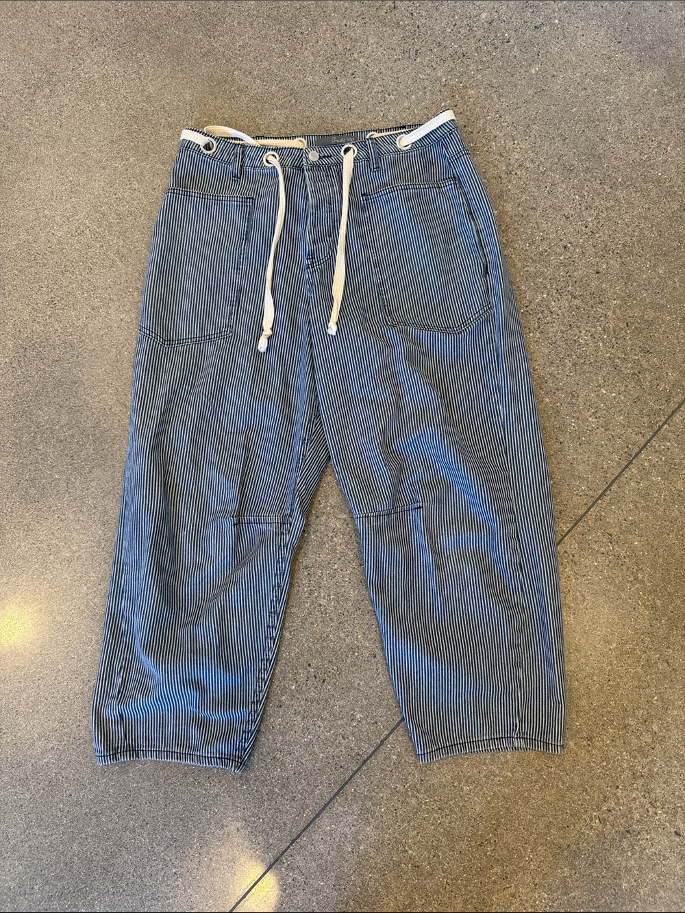 Pinstripe High-Rise Wide-Leg Jeans with Drawstring - Blue